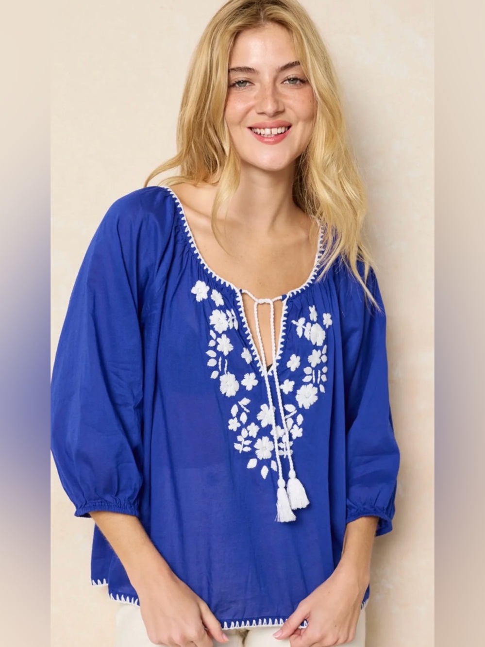 🔘NATURAL LIFE Royal Blue Boho Peasant Top with White Stitching and embroidery